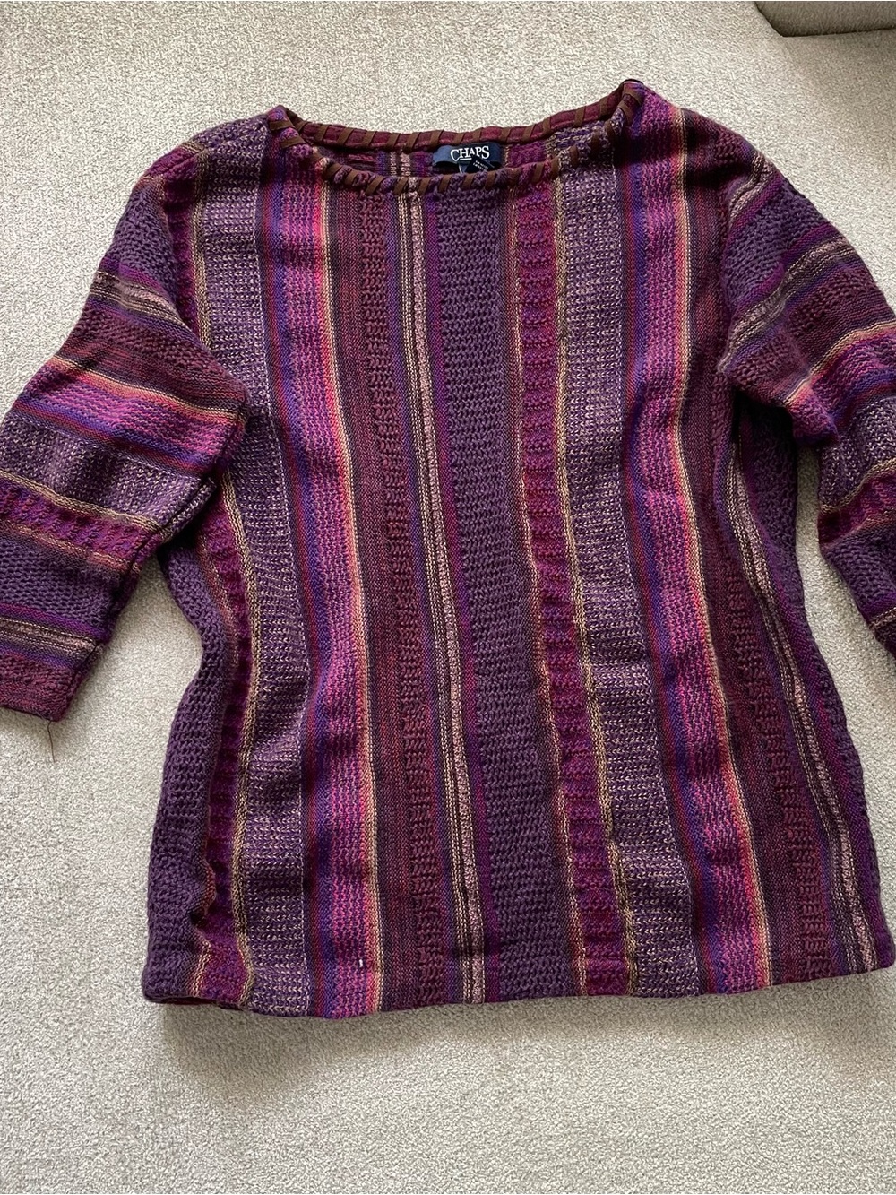 Chaps Purple Multi-Stripe Knit Crewneck Sweater